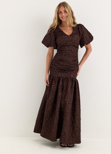 Bubbleroom Occasion Puff Sleeve V neck Jaqcuard Gown