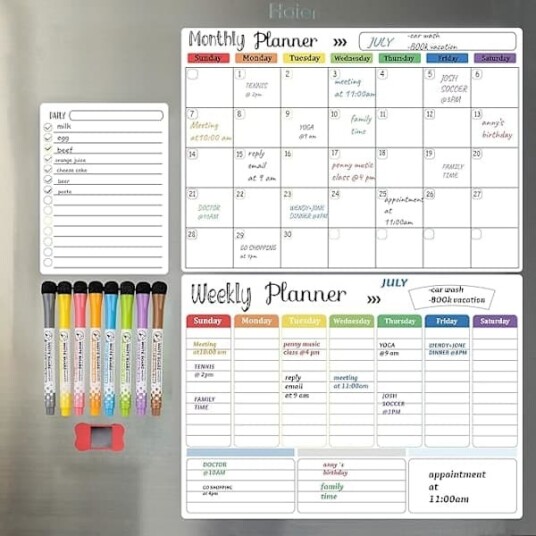 Tørrslettbar kalender, magnetisk kjøleskapskalender, månedskalender, (månedlig, ukentlig og daglig)