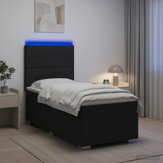 vidaXL LED boksseng med madrass med hodegjerde Svart 90 x 190 cm Stoff