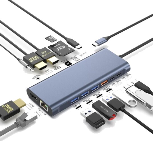 Nørdic 14-i-1 Dokkingstasjon USB-C 100 W 2x HDMI DisplayPort 2x USB-C 4x USB-A