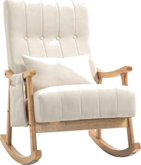 Gyngestol polstret gyngestol med korsryggpute sidelomme avslapningsstol treramme lin look for stue soverom beige