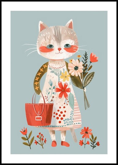 Cat in Floral Dress Holding Flowers Plakat Plakat / 40x50cm Cat in Floral Dress Holding Flowers Plakat Plakat / 40x50cm