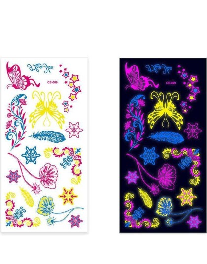 Ark med Fluorescerende Sommerfugl Blomster Snøfnugg og Andre Tatoveringer UV Fake Tattoo