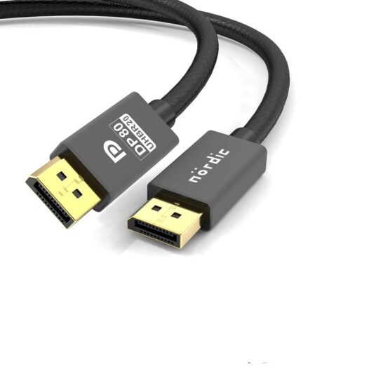 NÖRDIC 1.5m nylonflettet Displayport 2.1 kabel DP80 UHBR20 80Gbps 16/10/8K60H 4K165/144Hz DSC1.2a HDR HDCP2.2 FreeSync G Sync