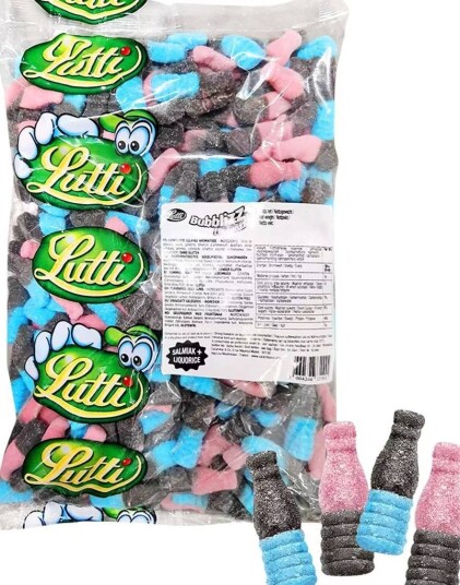 2,5 kg Lutti Bubblizz Liquorizz   Rosa og Blå Bubblegumflasker med Lakris