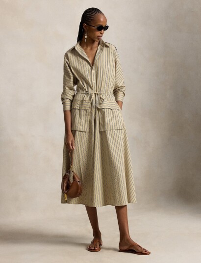 Polo Ralph Lauren Striped Cotton Canvas Utility Shirtdress Beige 38