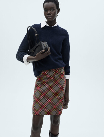 Mango Check Skirt With Lace Finish - Grey - 34