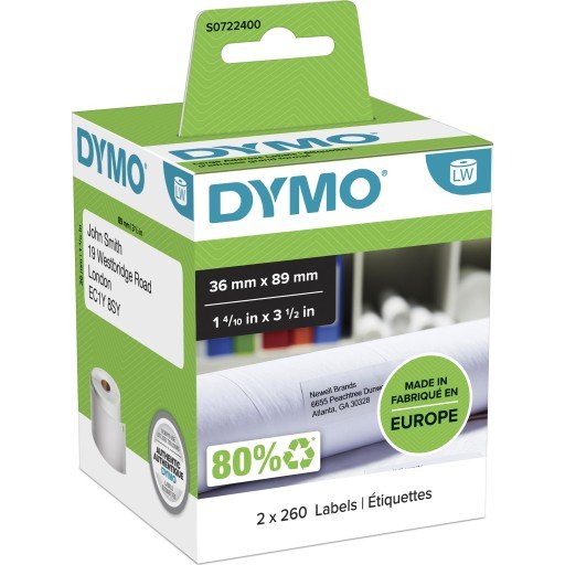 DYMO LW store adresseetiketter, 36mm x 89mm, 2 ruller med 260 stk. (520 stk. i alt), selvklebende, original