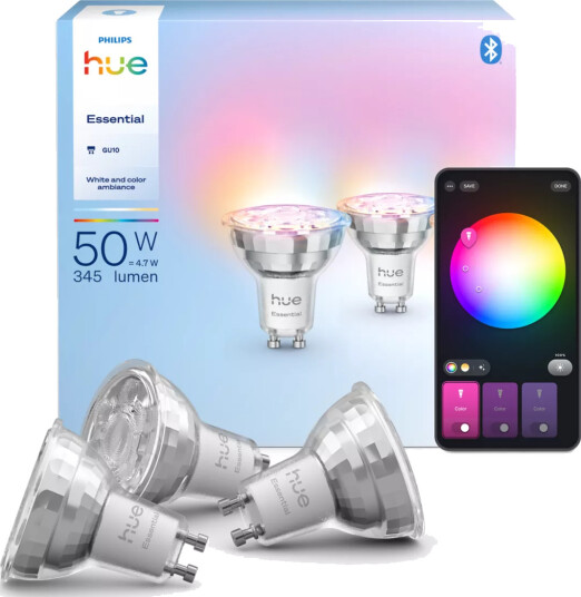 Philips Hue Essential WCA Smart Pære 4.7W GU10 3-pakk Philips Hue Essential WCA Smart Pære 4.7W GU10 3-pakk