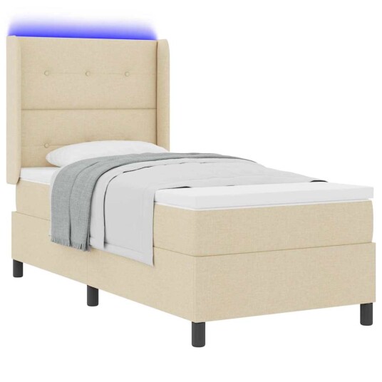 Box Spring Seng med Madrass og LED Krem 90x200 cm Stoff