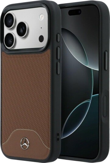 Mercedes-etui i skinn med treimitasjon og Curve MagSafe til iPhone 17 Pro – brunt