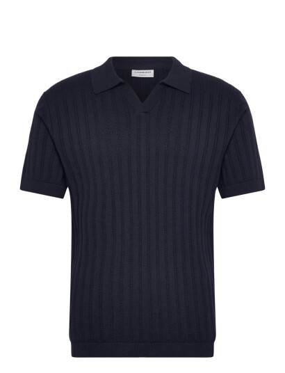 Lindbergh Knitted S/S V Neck Polo   Navy   M