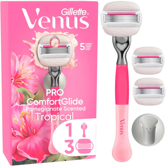 Gillette Venus Pro Comfortglide Tropical barberhøvel inkl. 3 barberblad + veggholder