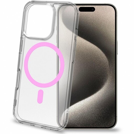 Celly Gelskinmag Magnetisk deksel MagSafe iPhone 16 Pro Transparent + Rosa