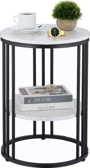 Rundt sidebord i marmorlook – 2 lags design