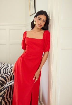 BUBBLEROOM Puff Sleeve Linen Blend Dress Red L