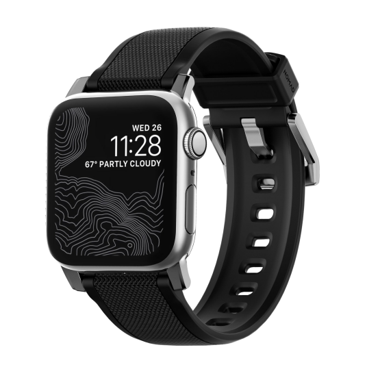 Nomad Apple Watch  42/44/SE/45/49mm  Rugged Band Rem - Black / Silver Hardware