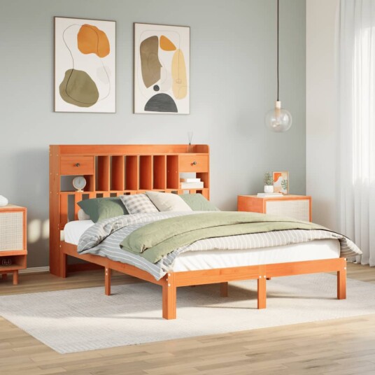  Seng med bokhylle uten madrass voksbrun 135x190 cm heltre furu 8721158614018