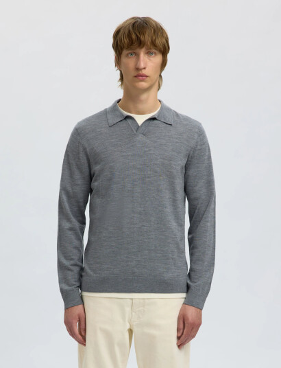 Selected Slhtray Ls Knit Merino Open Polo - Grey - S