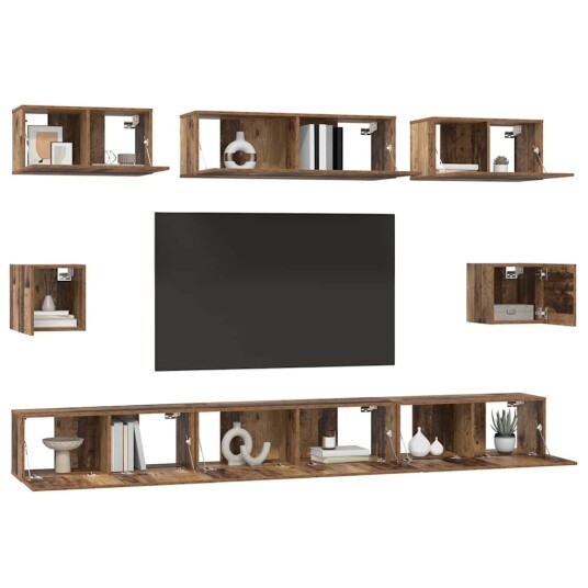 TV benk sett Veggmontert 8 pcs Gammelt tre Konstruert tre TV benk sett Veggmontert 8 pcs Gammelt tre Konstruert tre