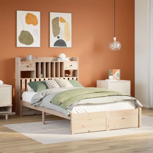 Seng med bokhylle uten madrass 120x200 cm heltre furu 8721158612045