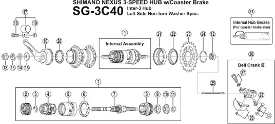Shimano Nexus 3 kabelbolt og mutter ved girklokke SG-3C40