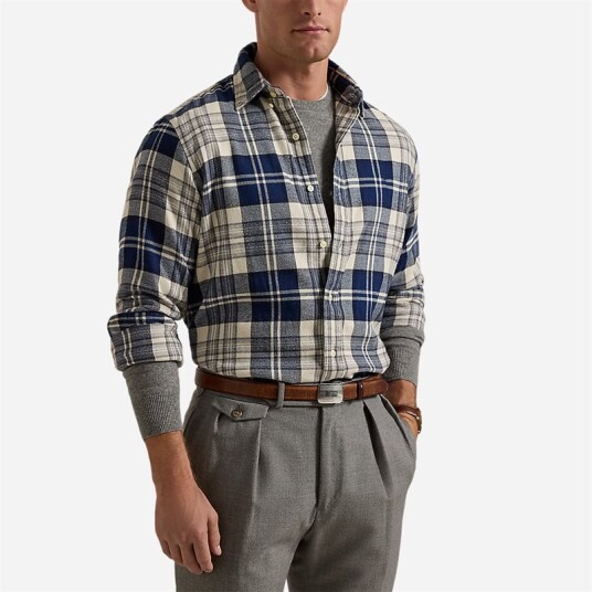 Custom Fit Plaid Brushed Flannel Shirt Off White/Navy