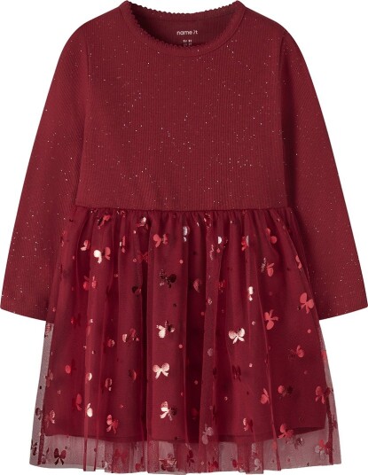 Name It Kjole - Rib - Tyll - NmfRosally - Rød Dahlia - Name It - 1½ år (86) - Kjole Bordeaux