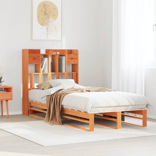  Seng med bokhylle uten madrass voksbrun 100x200 cm heltre furu 8721158627421