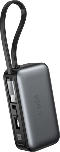 SiGN Powerbank 5000mAh 20W med innebygd USB-C-kabel + kontakt