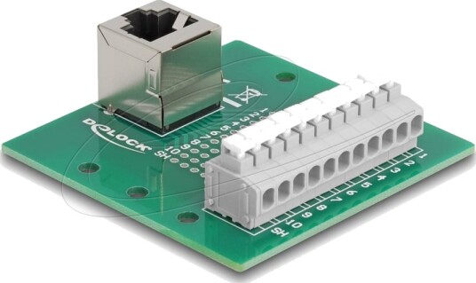 Delock - Nettverksadapter - Rj-50 (Hunn) Vinklet Til 11-Pinners Terminalblokk - Din-Rail Mountable, Trykknapp, 3,81 Mm Stigning, Stifttilordnin 1:1