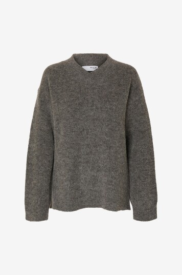 Selected FEMME Pullover slfSia Ras LS Knit Long V neck Grå