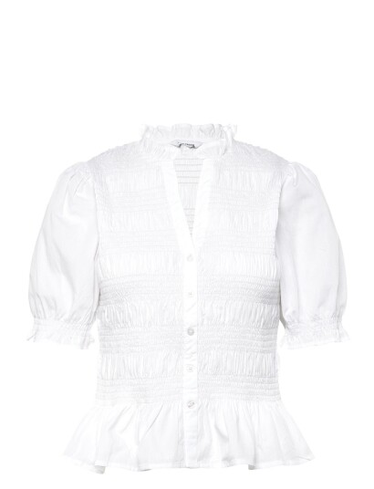 Bubbleroom Short Sleeve Cotton Smock Blouse   White   XS