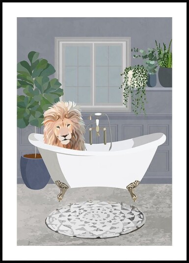 Lion takes a bath Poster Plakat / 40x50cm