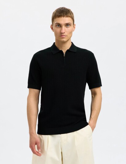 Selected Slmcran Ss Knit Structure Zip Polo Noos   Black   S