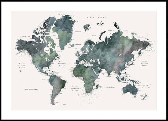 Watercolor world map with cities Makoa Plakat Plakat / 21x30cm
