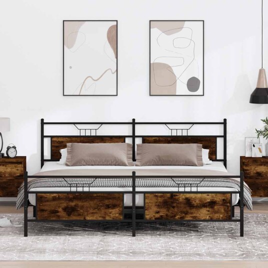 Sengeramme i metall uten madrass røkt eik 193x203 cm 3325095