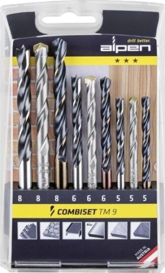Alpen 0000802102100 Tm 9 Deler Bor- Og Bitssett Metall, Stein, Betong, Tre, Mur 5 Mm, 6 Mm, 8 Mm