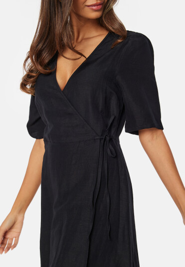 BUBBLEROOM Linen Blend Wrap Dress Black XS