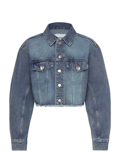 Monki Cropped Oversized Barrel-Sleeved Denim Jacket - Blue - L