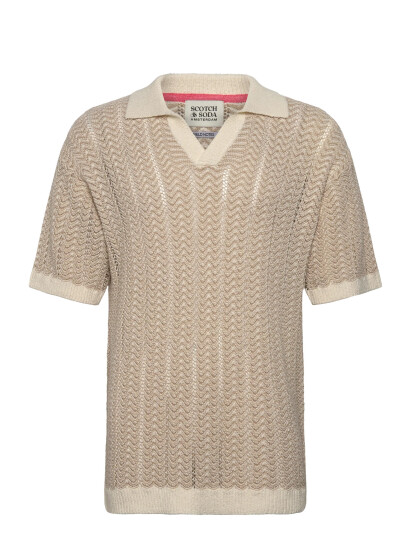 Scotch & Soda Open Structured Knitted V-Neck Polo - Beige - XXL