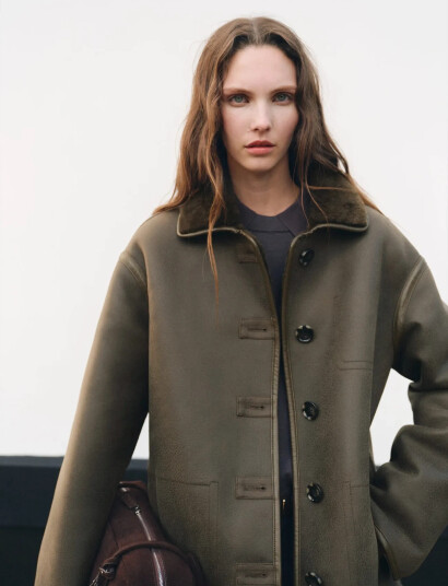 Mango Faux Shearling Leather Effect Coat Khaki green L Mango Faux Shearling Leather Effect Coat Khaki green L