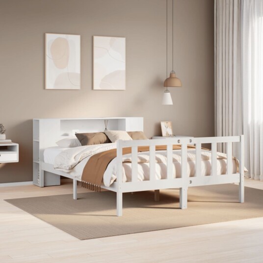 Seng med bokhylle uten madrass hvit 140x190 cm heltre furu