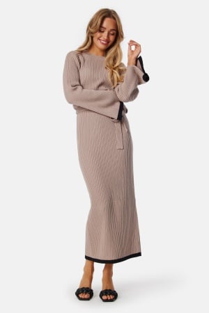 BUBBLEROOM Round Neck Rib Knitted Maxi Dress Beige XL