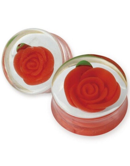 Aab Gjennomsiktig Piercing Plugg med Rød Rose Strl 16 mm