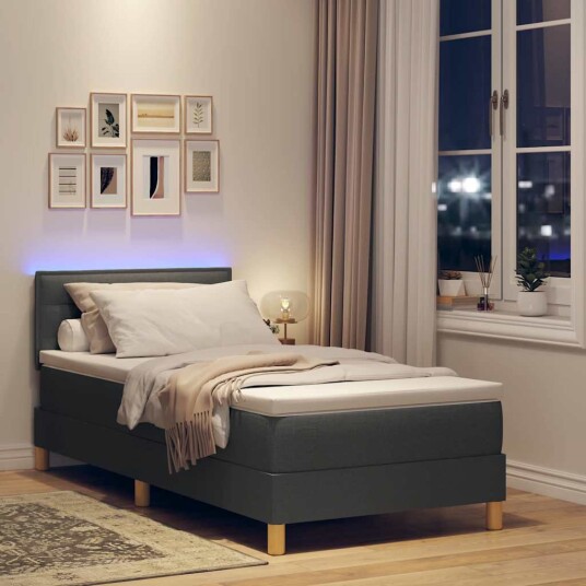 Box Spring Bed med Madrass & LED Mørk Grå 100x200 cm Stoff
