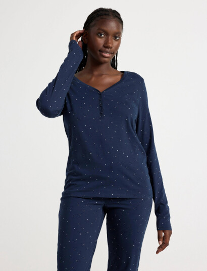 Lindex Henley Top Aop Dots - Navy - L
