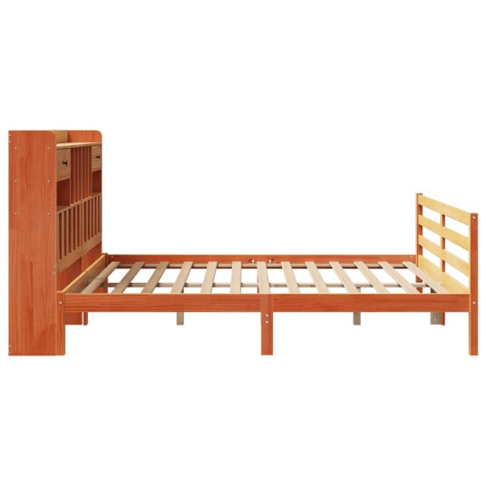 Seng med bokhylle uten madrass voksbrun 200x200 cm heltre furu 8721158607478