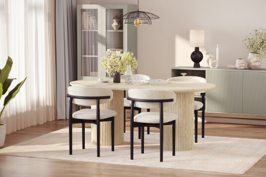 Scandinavian Choice Uppveda Spisebord med travertin look med 4 stk Jaiveer Spisestoler Beige Scandinavian Choice Uppveda Spisebord med travertin look med 4 stk Jaiveer Spisestoler Beige