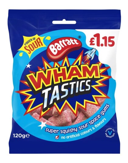 Barratt Wham Tastics Kjempesurt Skumgodteri med Bringebærsmak 120 gram Barratt Wham Tastics Kjempesurt Skumgodteri med Bringebærsmak 120 gram